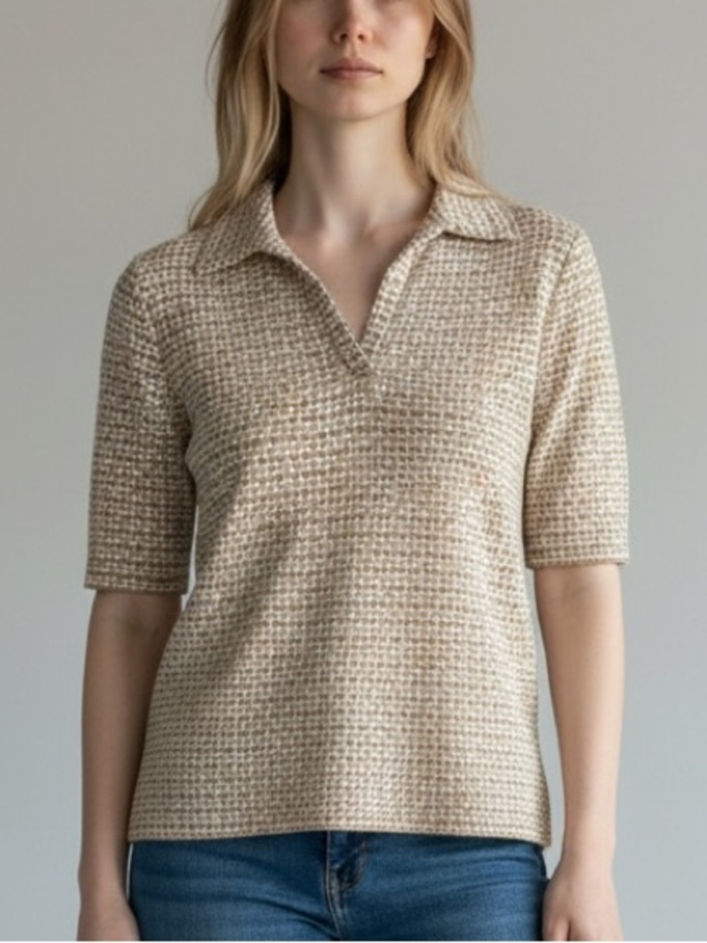 Kim & Cami Beige Short-Sleeve Knit Polo Top